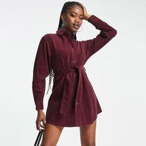 ASOS Design Maroon Cord Belted Shirt Dress